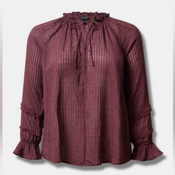 EUC Torrid Size 2X Burgundy Stripe Gauze Lace Up Peasant Top - Picture 5 of 15